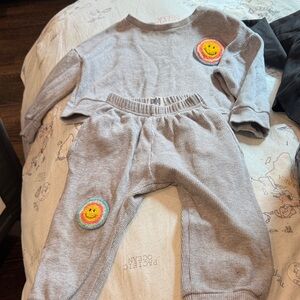 Gray Kids Ribbed Sweatpants & Top Set with Rainbow Smiley Patch